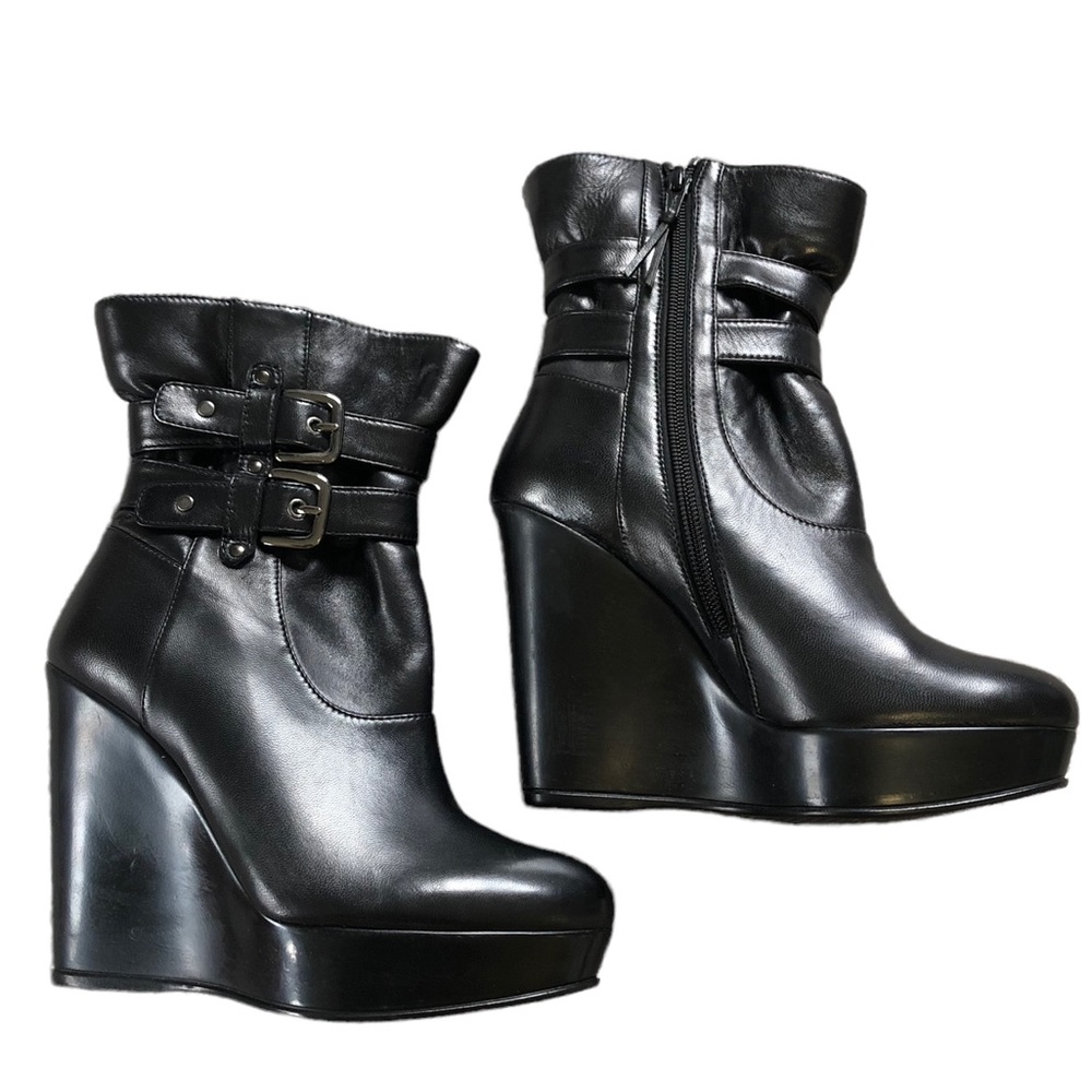 Stuart Weitzman Black Leather Platform Wedge Booties Sz. 5
